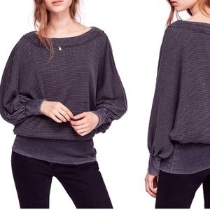 We The Free waffle knit Blouson-y Charcoal Knit Top
